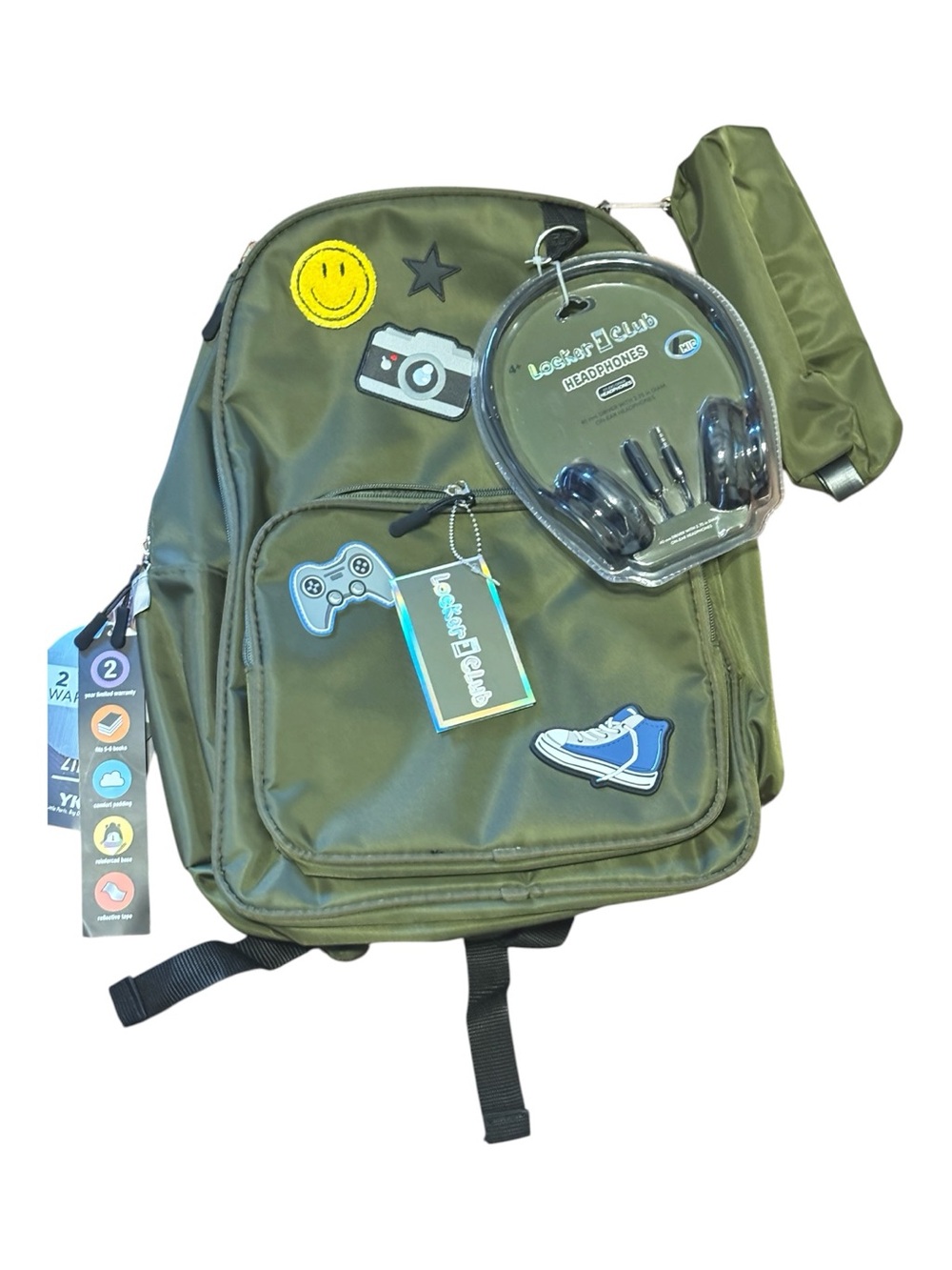 Kids Olive Green Backpack with Matching Headphones and pencil case 14 X 17 NWT